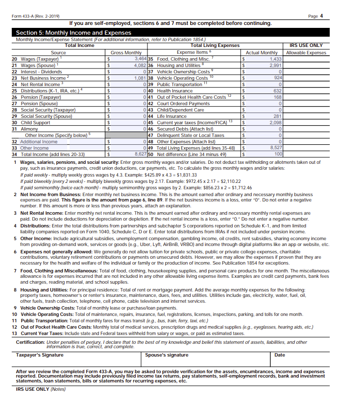 IRS Form 433 A